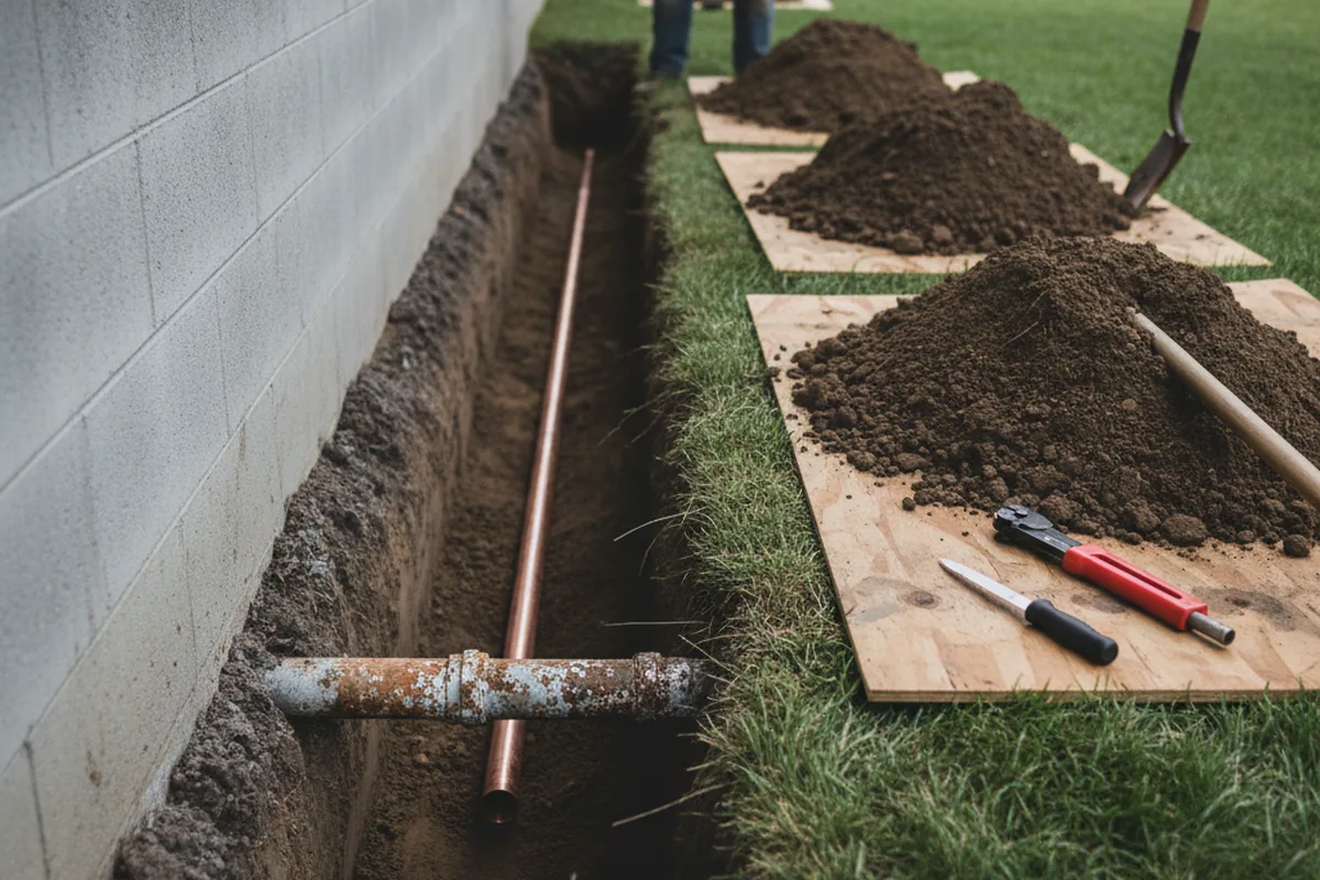 Excavated water line trench during Water Softener Installation in Sterling